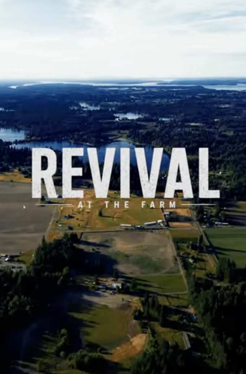 Aerial view of the farm with the Revival at the Farm title