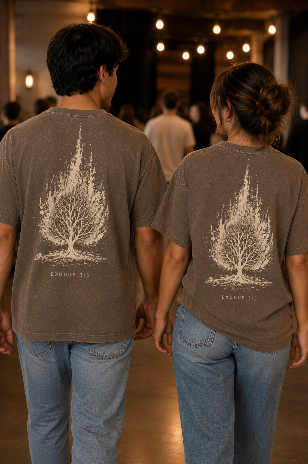 Back of the HINENI shirt with the burning tree and Exodus 3:5